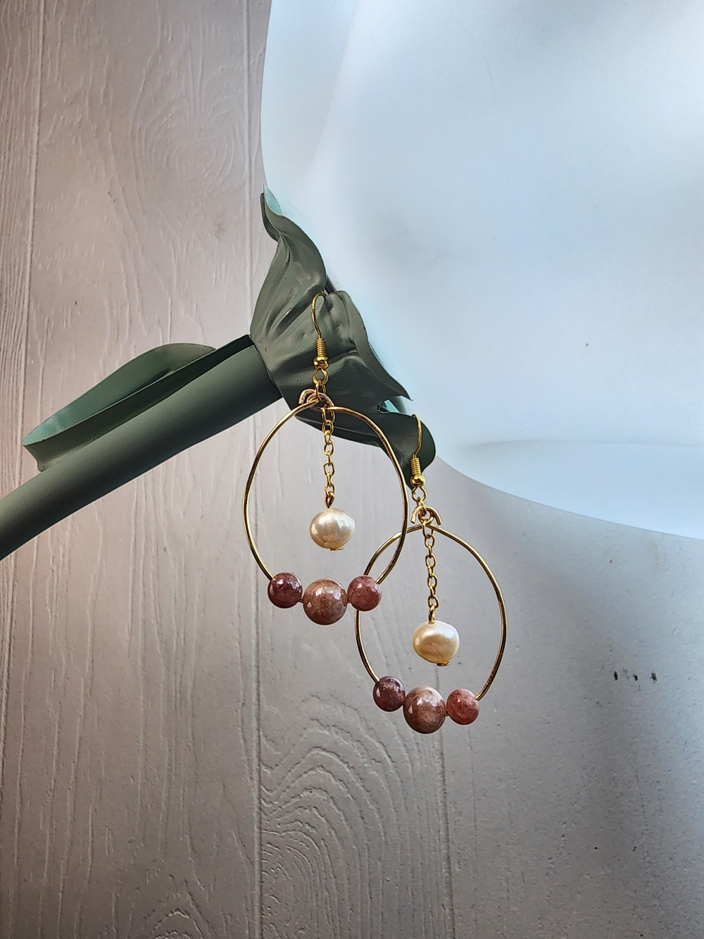 Handcrafted Gold Hoop Earrings with Pink Stone and Fresh Water Pearl Accents - Picture 3 of 3